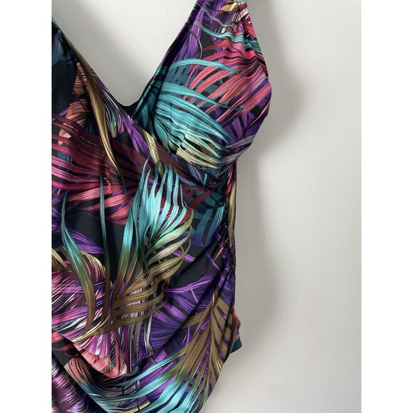 Miradonna By Miraclesuit Swimsuit Women 14 Purple Palm Leaves Wrap Front Cinched - Picture 2 of 7